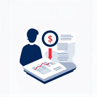 Icono de persona analizando documentos con una lupa y un signo de dólar.