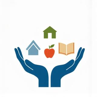 Icono de manos ofreciendo una casa, un libro y una manzana.